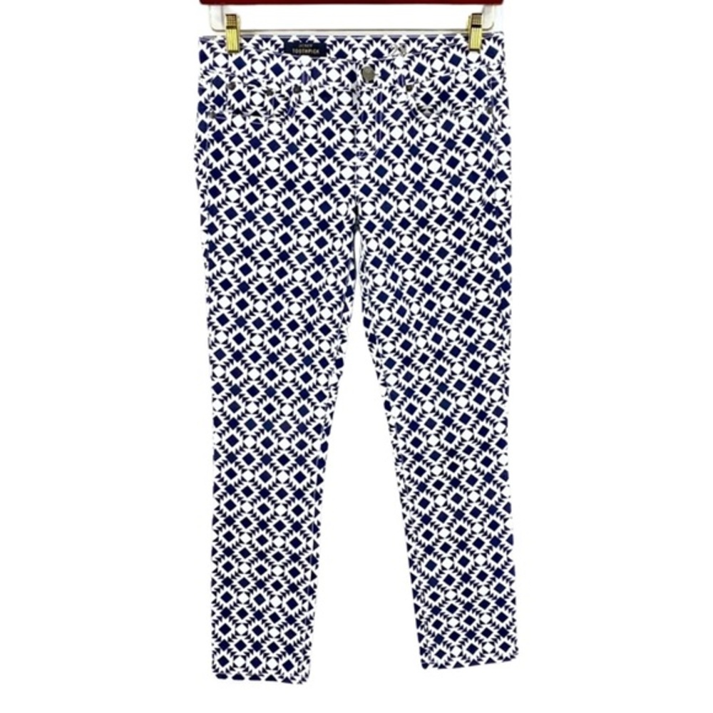 J Crew Toothpick Jeans Size 31 Ankle Printed Navy Blue White Geometric Womens